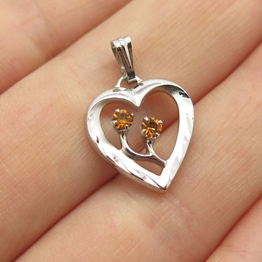 925 Sterling Silver Vintage Citrine-Tone C Z Open Heart Pendant