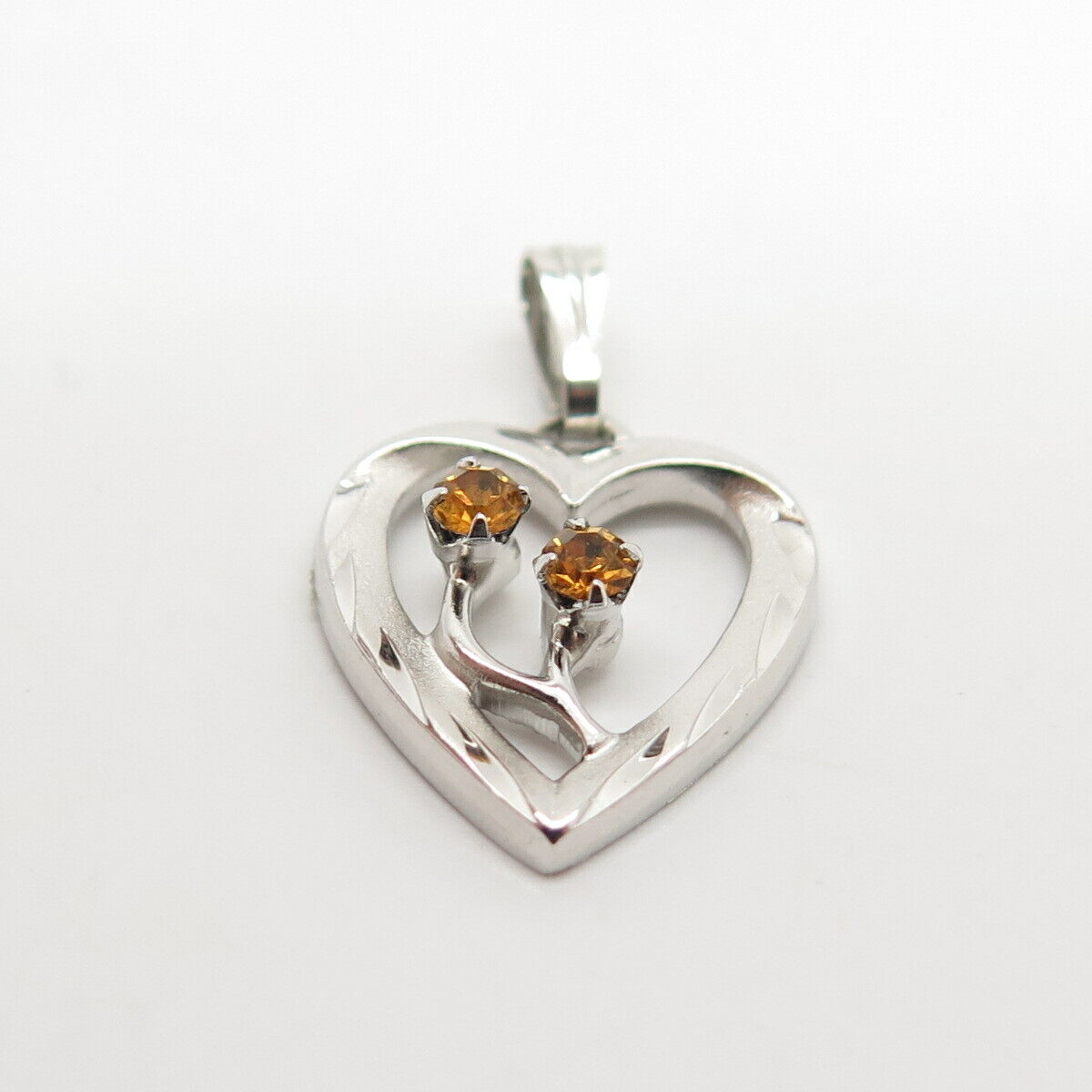 925 Sterling Silver Vintage Citrine-Tone C Z Open Heart Pendant