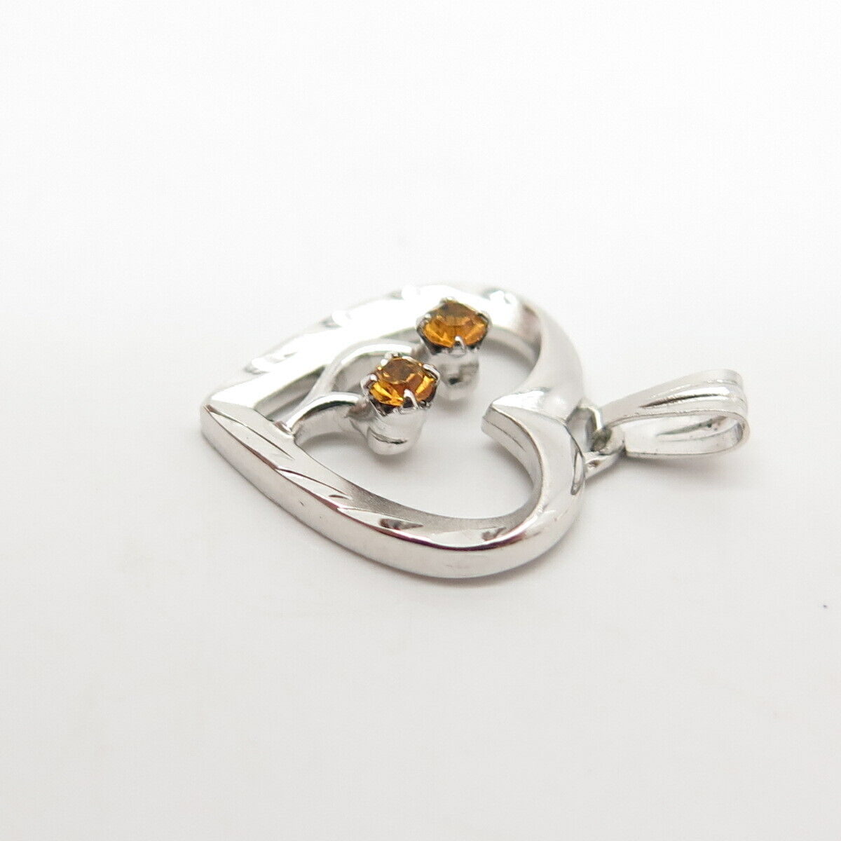 925 Sterling Silver Vintage Citrine-Tone C Z Open Heart Pendant