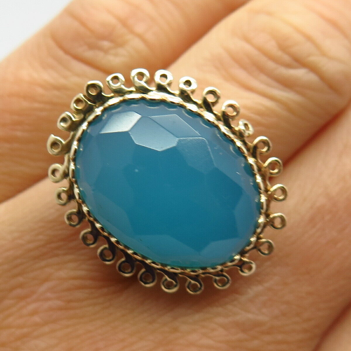 925 Sterling Silver / 14K Gold Real Chalcedony Hem Statement Ring Size 6 3/4