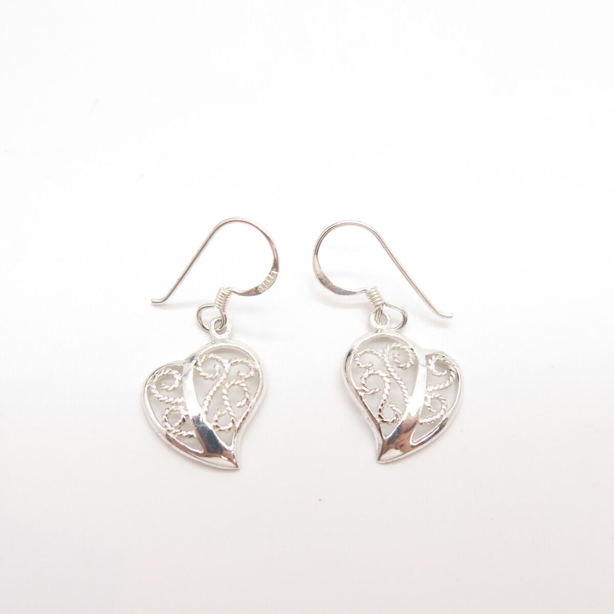 925 Sterling Silver Vintage Ornate Open Heart Earrings