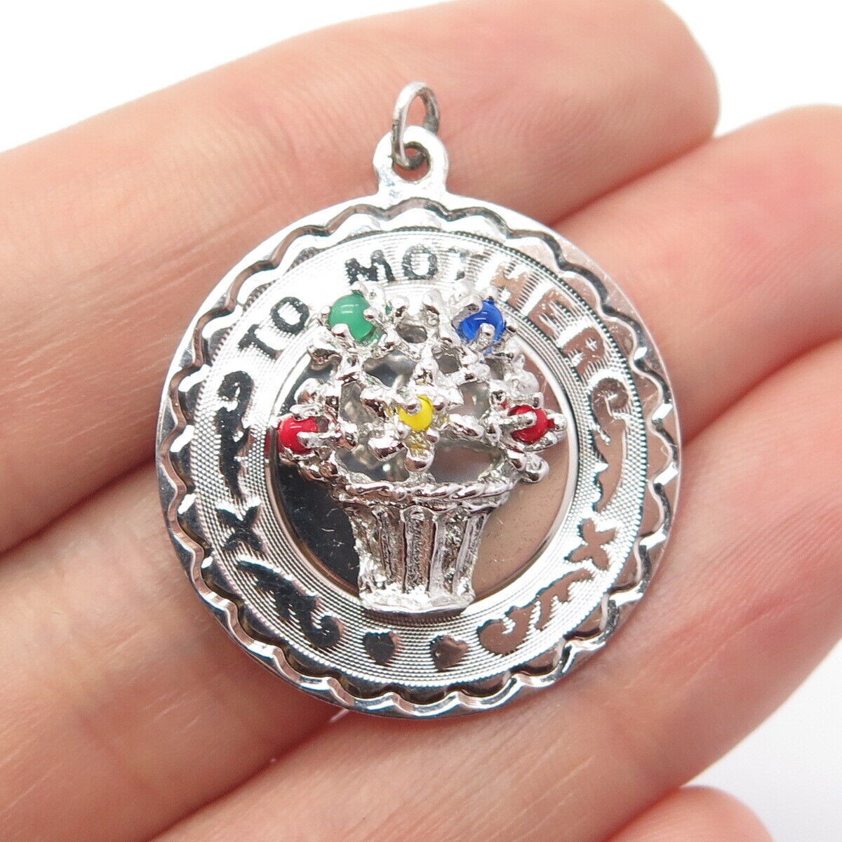 925 Sterling Silver Vintage Elco Glass "To Mother" Basket of Flowers Pendant