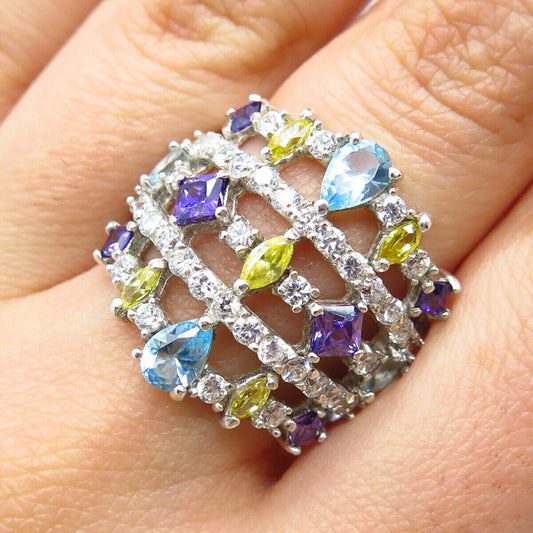 925 Sterling Silver Multi-Color C Z Wide Ring Size 8
