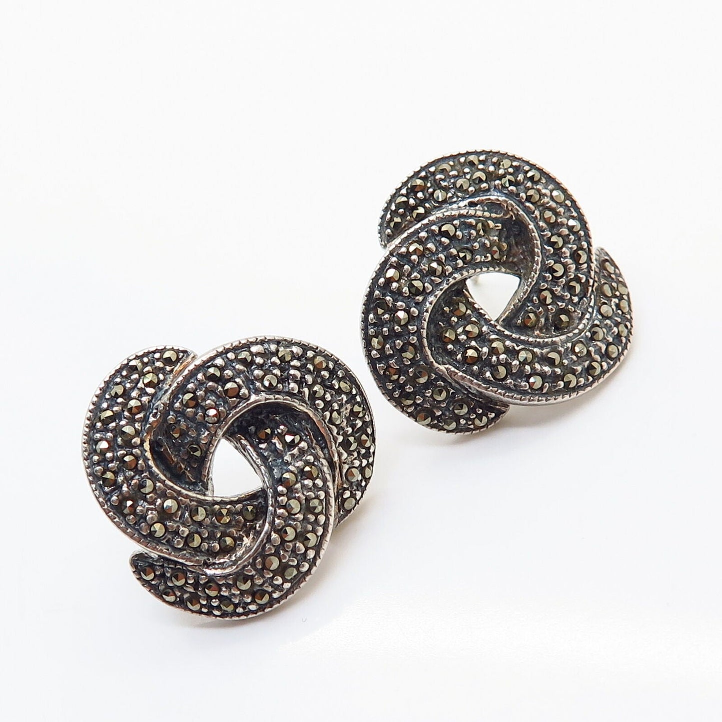 925 Sterling Silver Real Marcasite Gem Knot Design Earrings