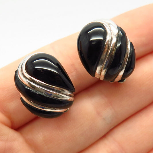 925 Sterling Silver Real Black Onyx Gemstone Clip On Earrings