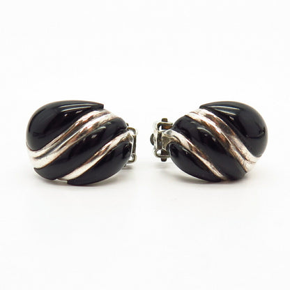 925 Sterling Silver Real Black Onyx Gemstone Clip On Earrings