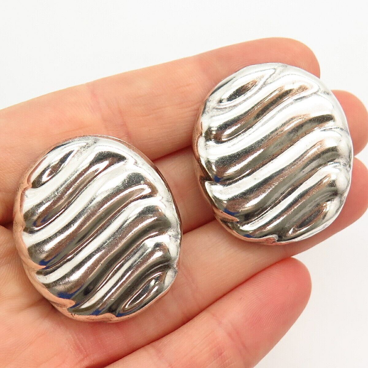 925 Sterling Silver Vintage Mexico Wavy Design Clip On Earrings