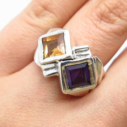 925 Sterling Silver Vintage Real Amethyst & Citrine Gemstone Ring Size 6.25