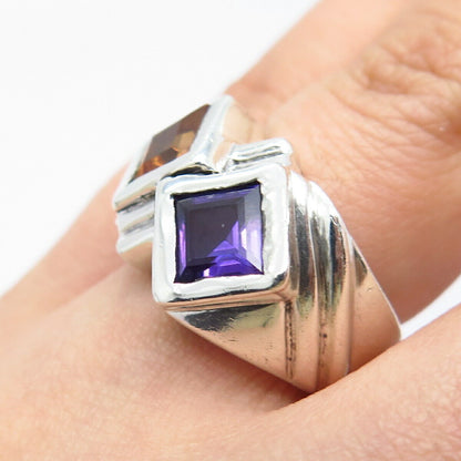 925 Sterling Silver Vintage Real Amethyst & Citrine Gemstone Ring Size 6.25