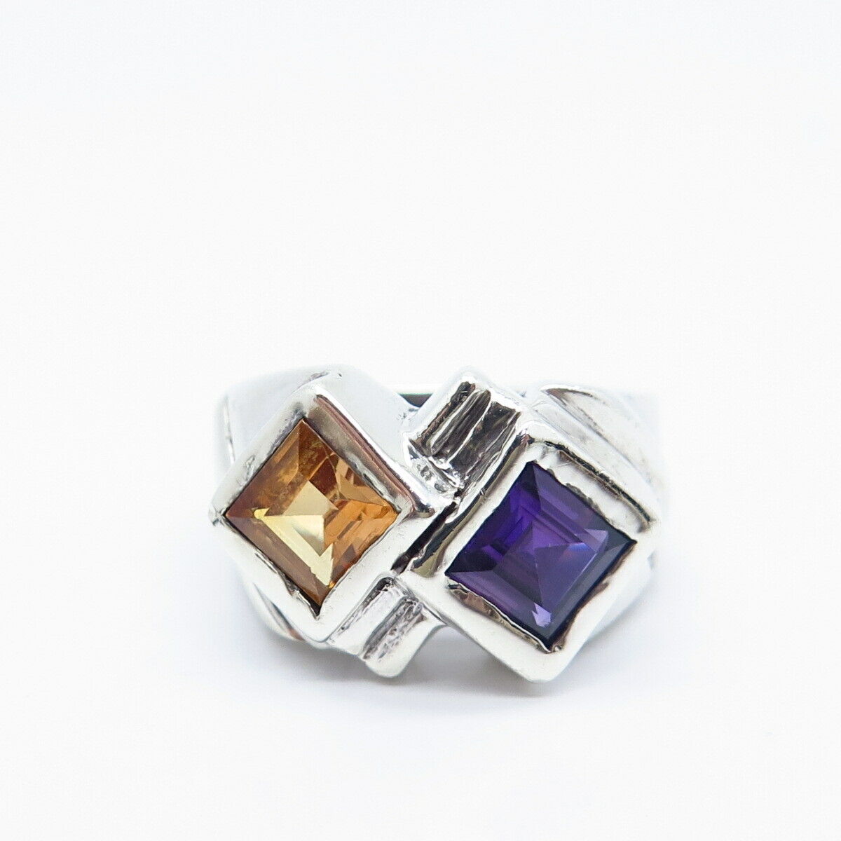 925 Sterling Silver Vintage Real Amethyst & Citrine Gemstone Ring Size 6.25