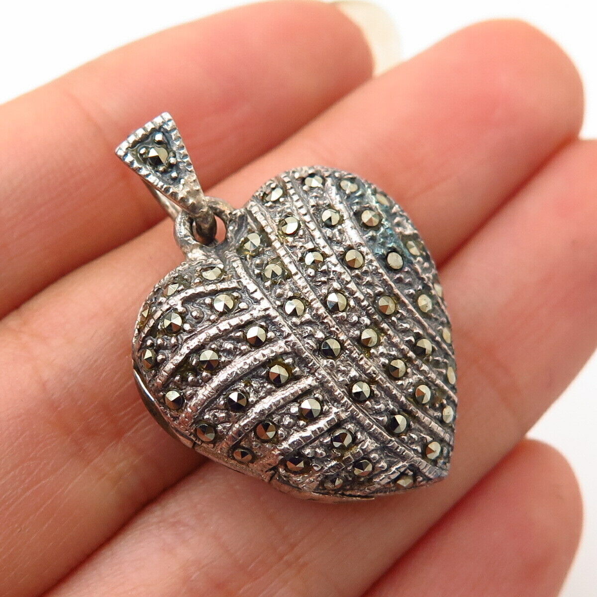 925 Sterling Silver Real Marcasite Gem Heart Locket Pendant