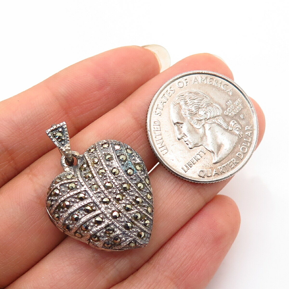 925 Sterling Silver Real Marcasite Gem Heart Locket Pendant