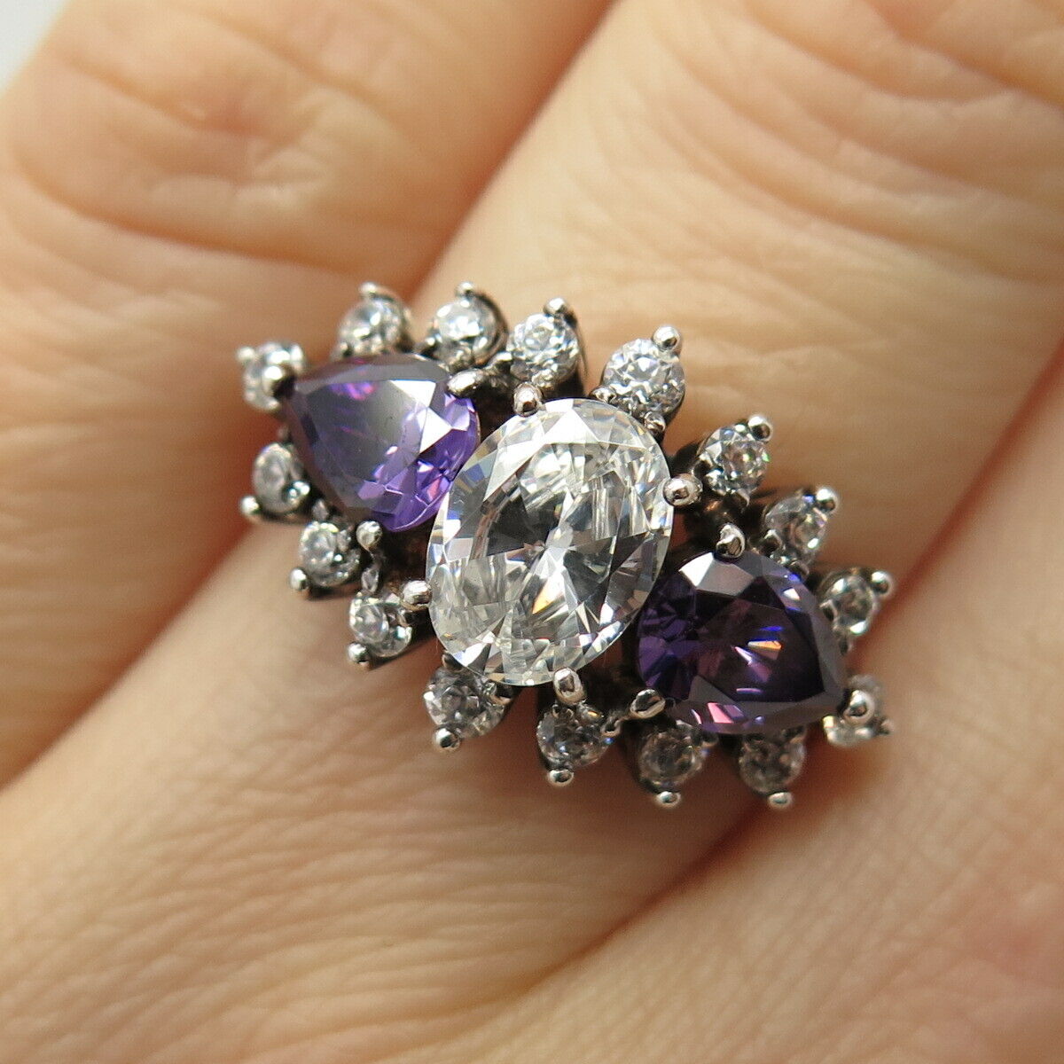 925 Sterling Silver White & Amethyst-Tone C Z Ring Size 7