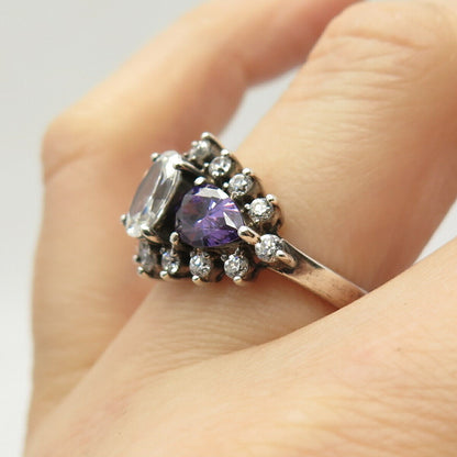 925 Sterling Silver White & Amethyst-Tone C Z Ring Size 7