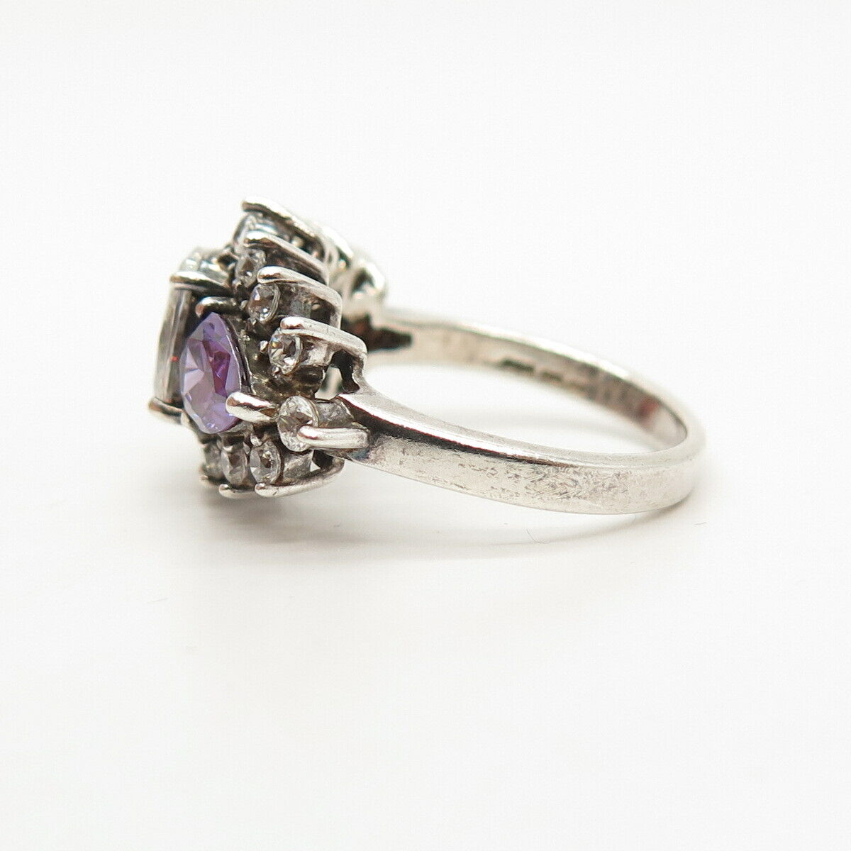 925 Sterling Silver White & Amethyst-Tone C Z Ring Size 7