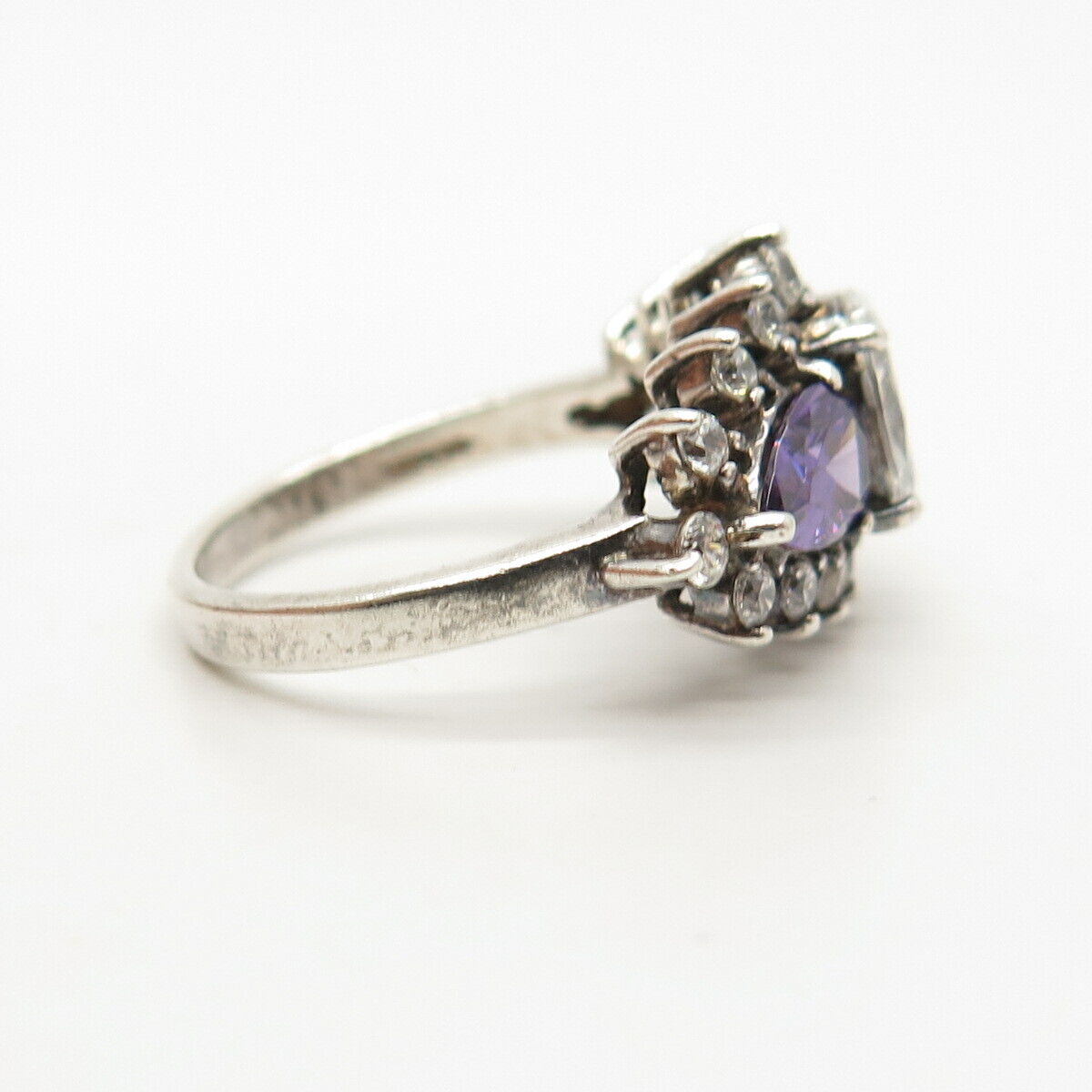 925 Sterling Silver White & Amethyst-Tone C Z Ring Size 7