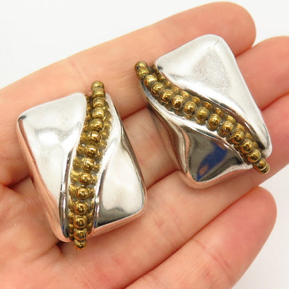 925 Sterling Silver 2-Tone Vintage Mexico Bead Design Clip On Earrings