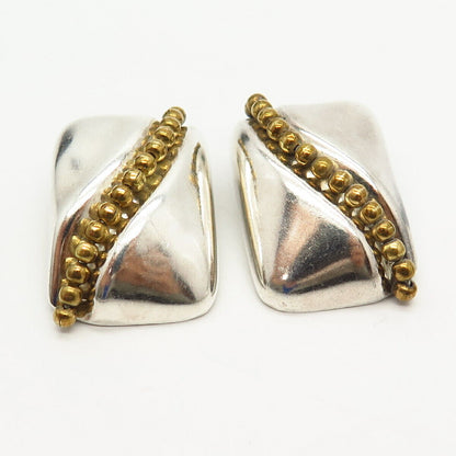 925 Sterling Silver 2-Tone Vintage Mexico Bead Design Clip On Earrings