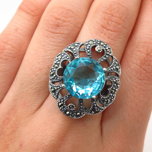 925 Sterling Silver Real Marcasite Gem & Sky Blue Glass Wide Ring Size 6