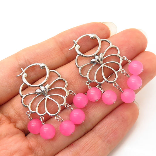 925 Sterling Silver Dyed Pink Quartz Dangling Earrings