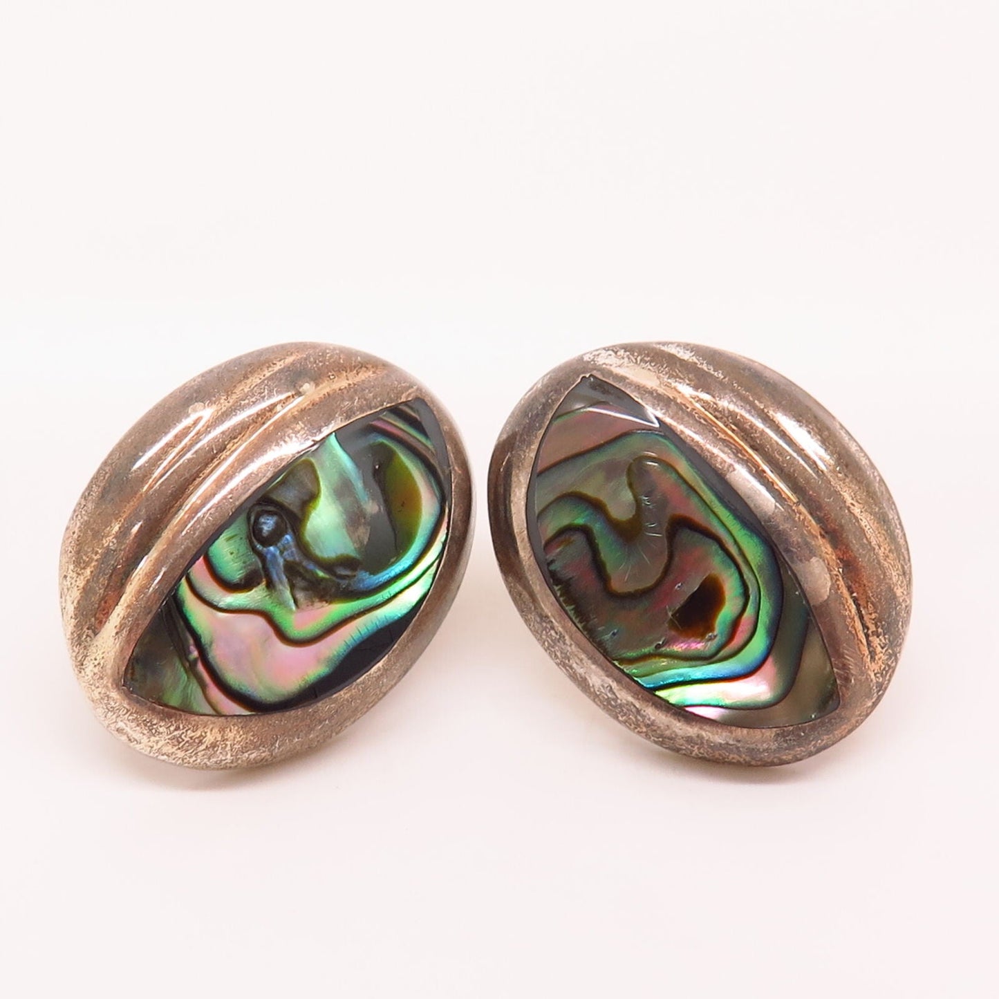 925 Sterling Silver Vintage Mexico Real Abalone Ribbed Design Earrings