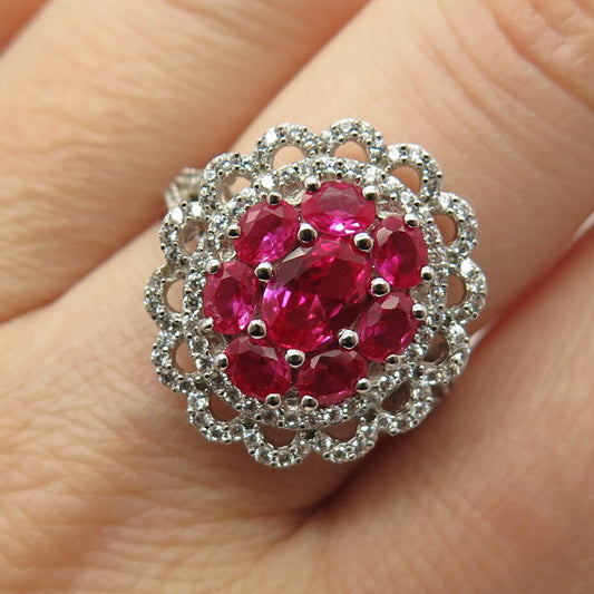 925 Sterling Silver Lab-Created Ruby & C Z Ring Size 7 3/4