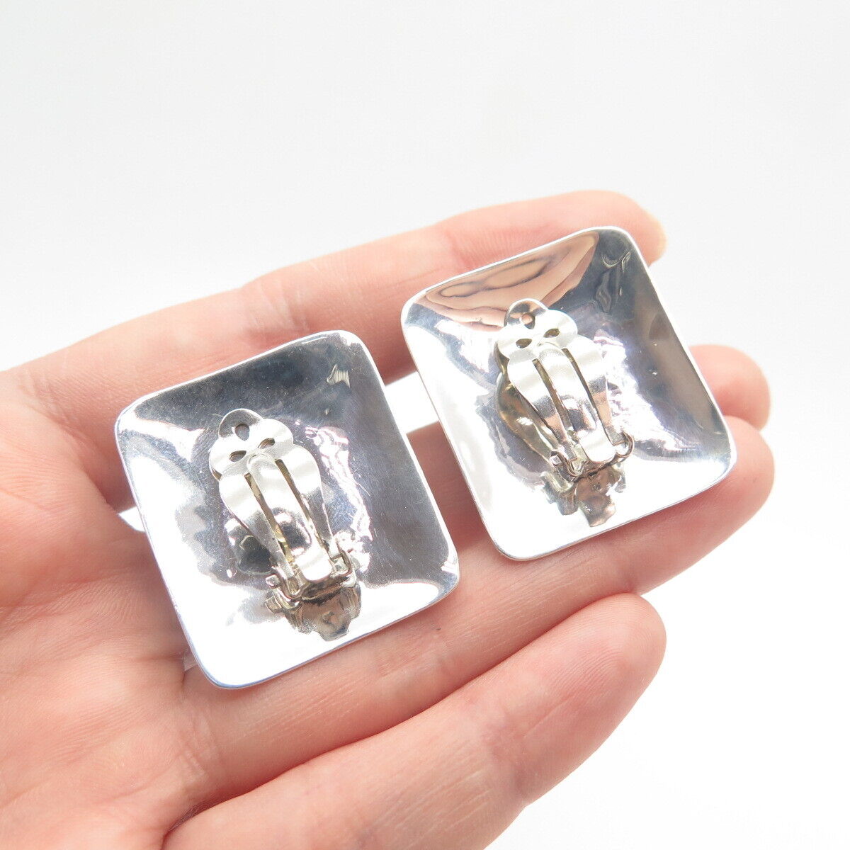 925 Sterling Silver Vintage Real Crem Abalone Shell Clip On Earrings