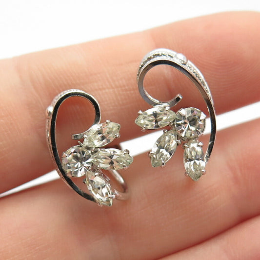 925 Sterling Silver Vintage Sorrento Rhinestone Floral Screw Back Earrings