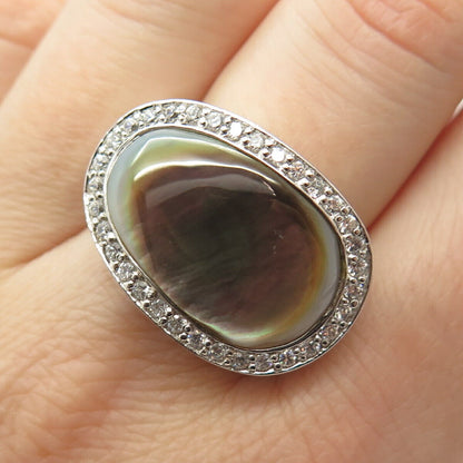 925 Sterling Silver Real Mother-of-Pearl & C Z Signet Ring Size 7 3/4