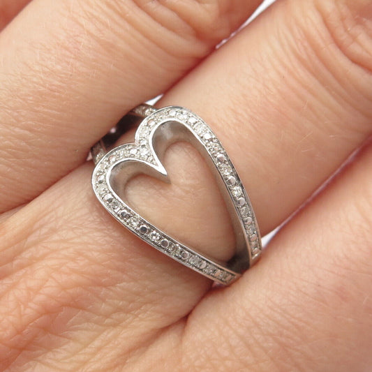 925 Sterling Silver Real Diamond Open Heart Ring Size 6.5