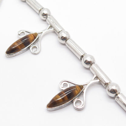 925 Sterling Silver Vintage Mexico Tiger Eye Gem Bar & Bead Chain Necklace 16"