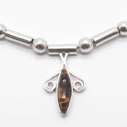 925 Sterling Silver Vintage Mexico Tiger Eye Gem Bar & Bead Chain Necklace 16"