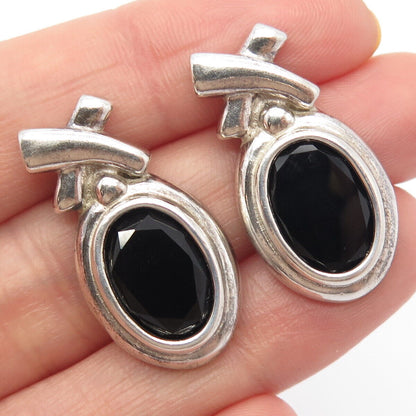 925 Sterling Silver Vintage Real Black Onyx Gemstone Earrings