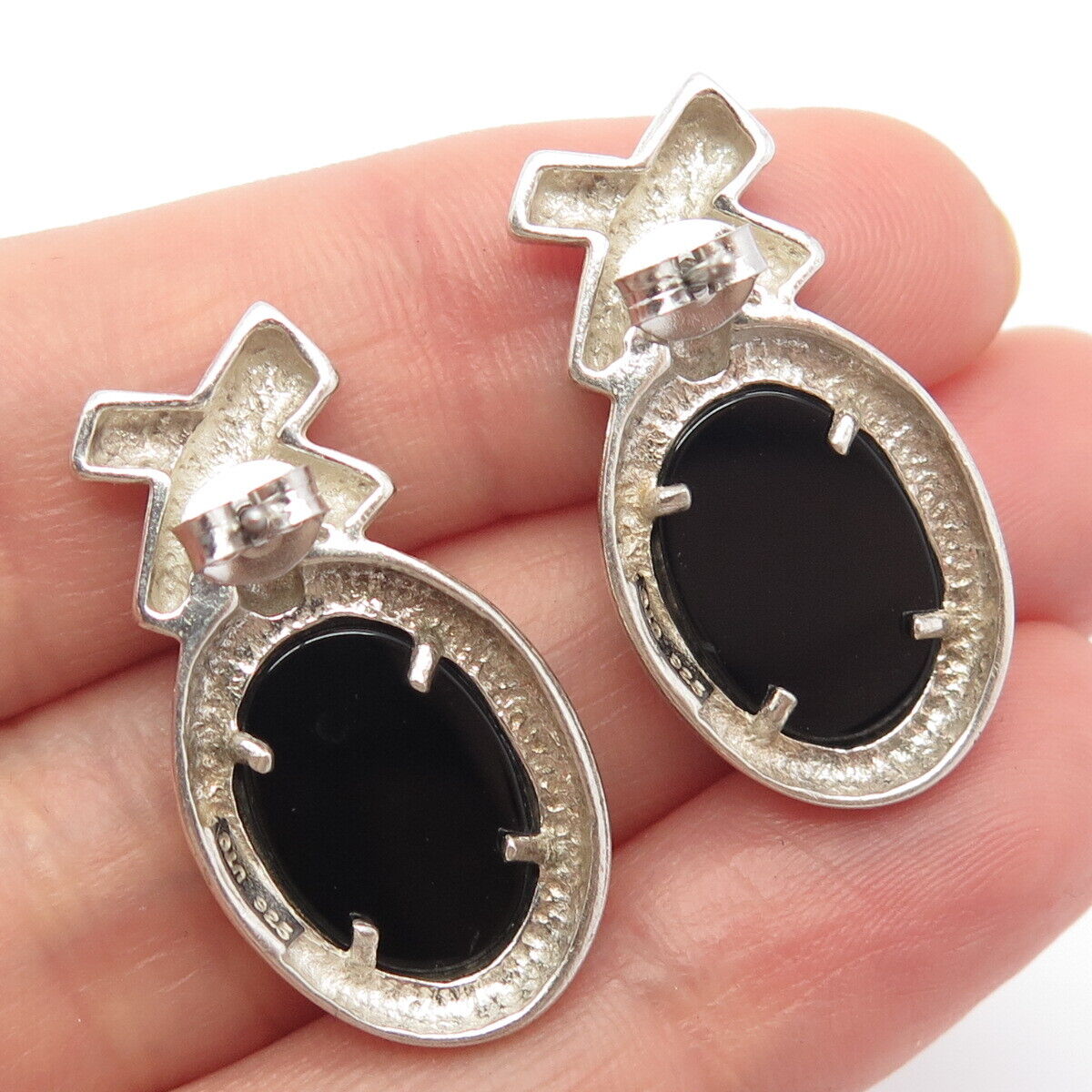 925 Sterling Silver Vintage Real Black Onyx Gemstone Earrings