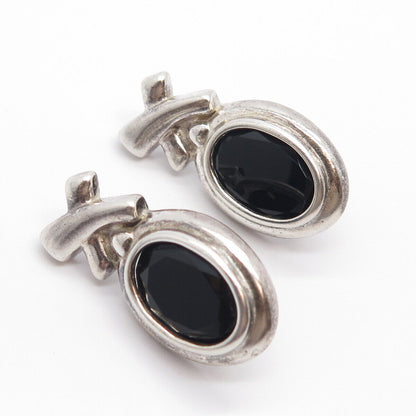 925 Sterling Silver Vintage Real Black Onyx Gemstone Earrings