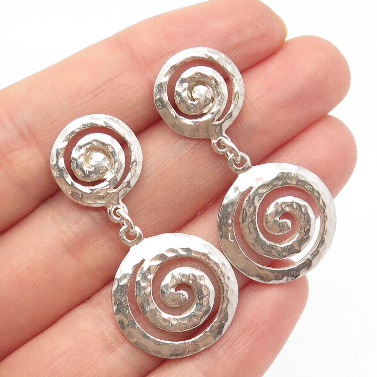 925 Sterling Silver Vintage Hammered Finish Spiral Dangling Earrings