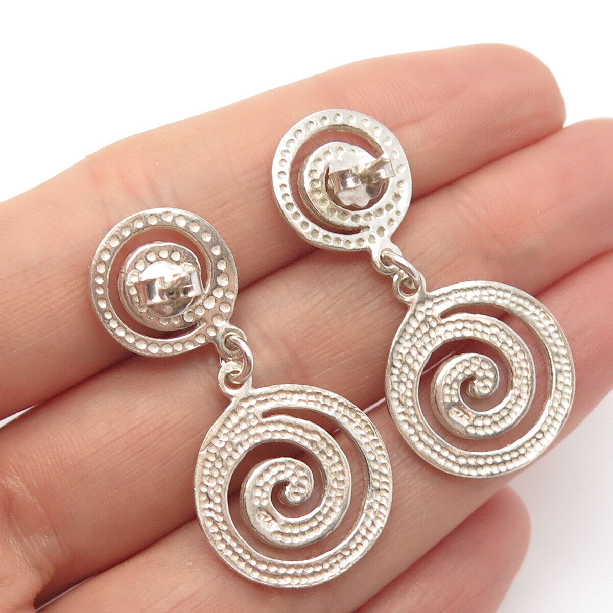 925 Sterling Silver Vintage Hammered Finish Spiral Dangling Earrings