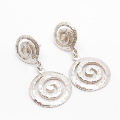 925 Sterling Silver Vintage Hammered Finish Spiral Dangling Earrings