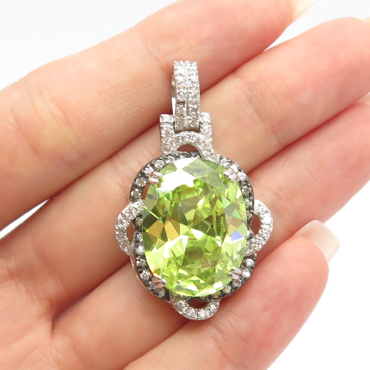 925 Sterling Silver White & Peridot-Tone C Z Pendant