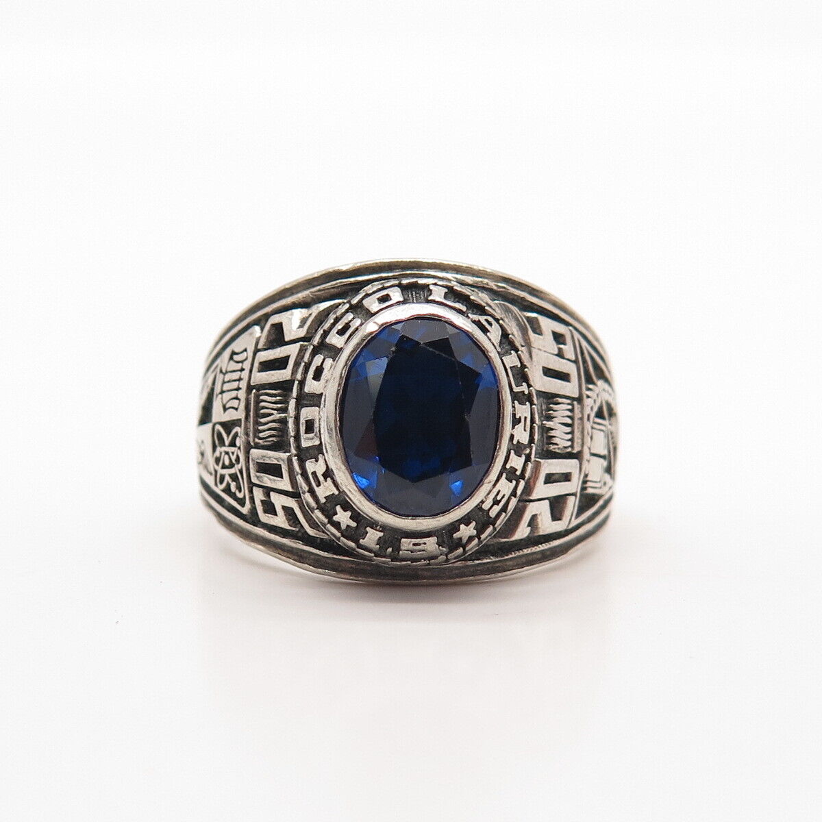 925 Sterling Silver Vintage Reed& Co Lab-Created Sapphire School Ring Size 10.75