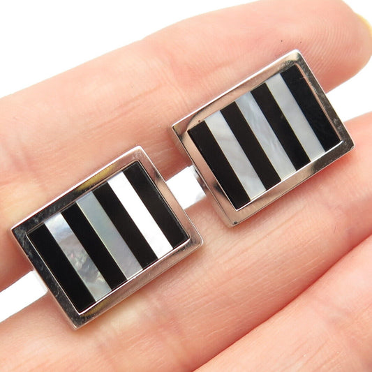 925 Sterling Silver Vintage WEH Black Onyx Gem & Mother-of-Pearl Cufflinks