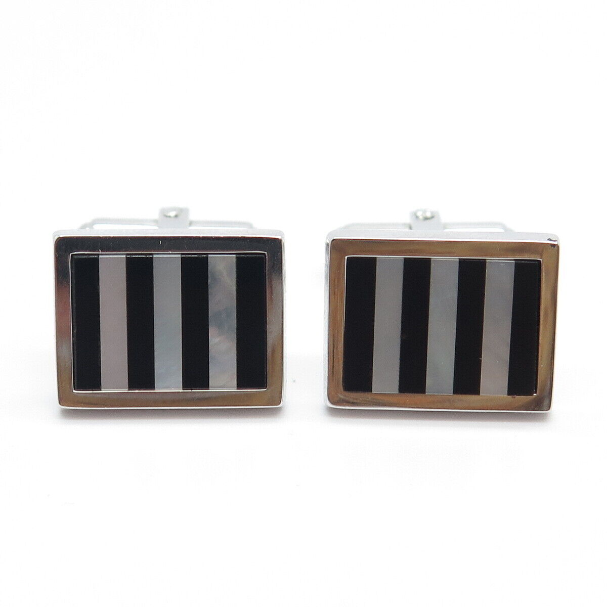 925 Sterling Silver Vintage WEH Black Onyx Gem & Mother-of-Pearl Cufflinks