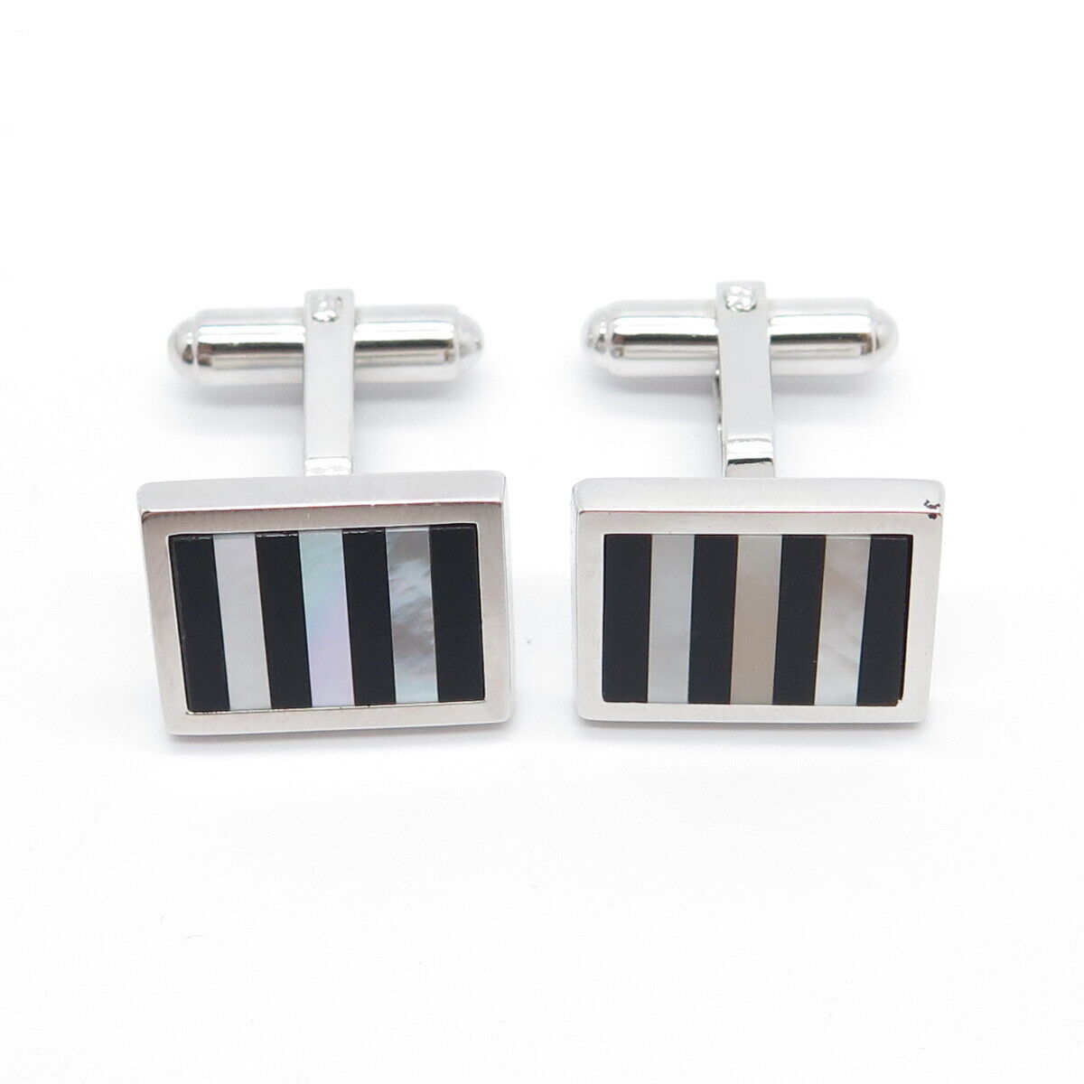 925 Sterling Silver Vintage WEH Black Onyx Gem & Mother-of-Pearl Cufflinks