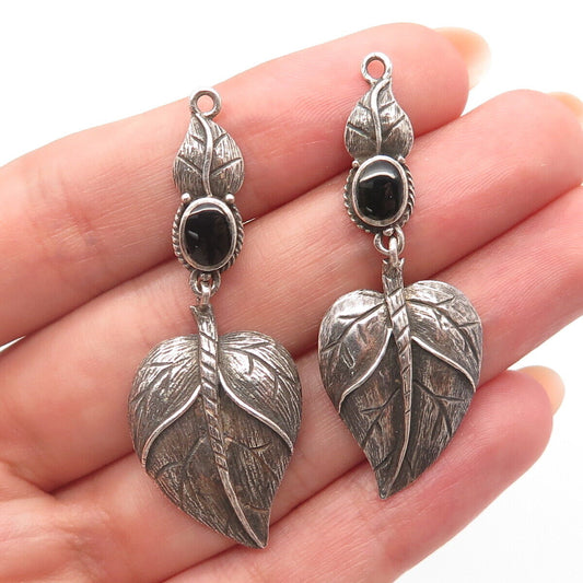 925 Sterling Silver Vintage Real Black Onyx Gem Leaf Jacket Earrings