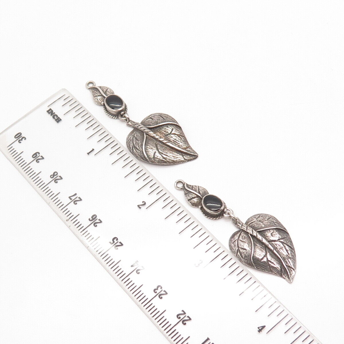 925 Sterling Silver Vintage Real Black Onyx Gem Leaf Jacket Earrings