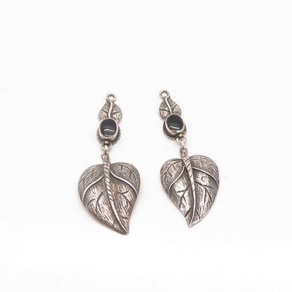 925 Sterling Silver Vintage Real Black Onyx Gem Leaf Jacket Earrings