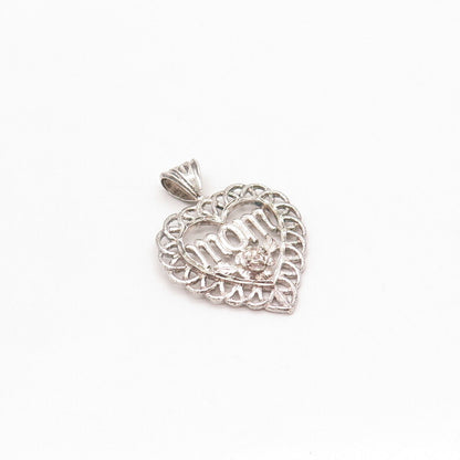 925 Sterling Silver Vintage "MOM" Floral Heart Pendant