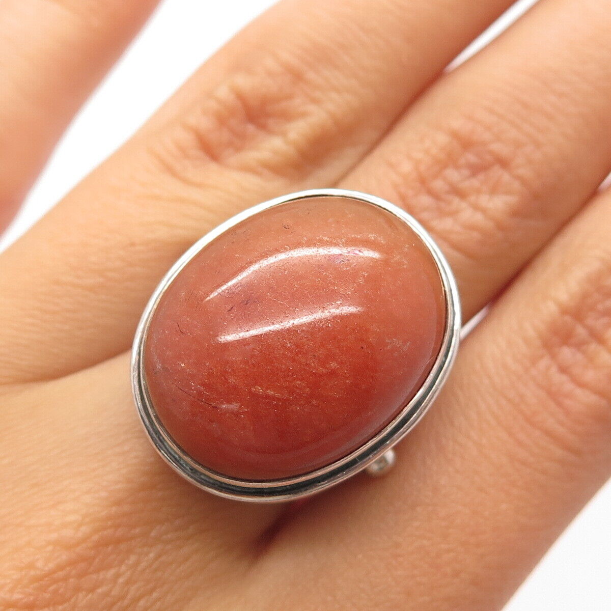 925 Sterling Silver Vintage Real Calcite Gem Oval Wide Ring Size 7.5