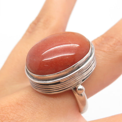 925 Sterling Silver Vintage Real Calcite Gem Oval Wide Ring Size 7.5