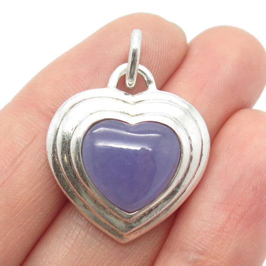 925 Sterling Silver Vintage Real Chalcedony Gemstone Heart Pendant